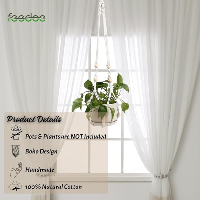 feedee Macrame Plant Hanger, Hanging Planters for Indoor Plants Holder with Wood Beads, Hanging Plant Holder for Indoor Outdoor, Gifts for Plant Lovers, Boho Home Decor Plant Hanger, Ivory