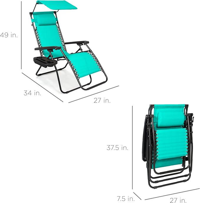 Best Choice Products Folding Zero Gravity Outdoor Recliner Patio Lounge Chair w/Adjustable Canopy Shade, Headrest, Side Accessory Tray, Textilene Mesh - Mint