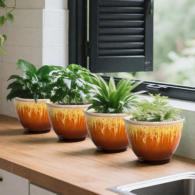 4 Pack Plastic Plant Pots Indoor with Drainage Hole, 8 Inch Glazed Planters for Indoor Outdoor Plants, Garden Flower Pots for Office Home Decor(Orange Glaze)