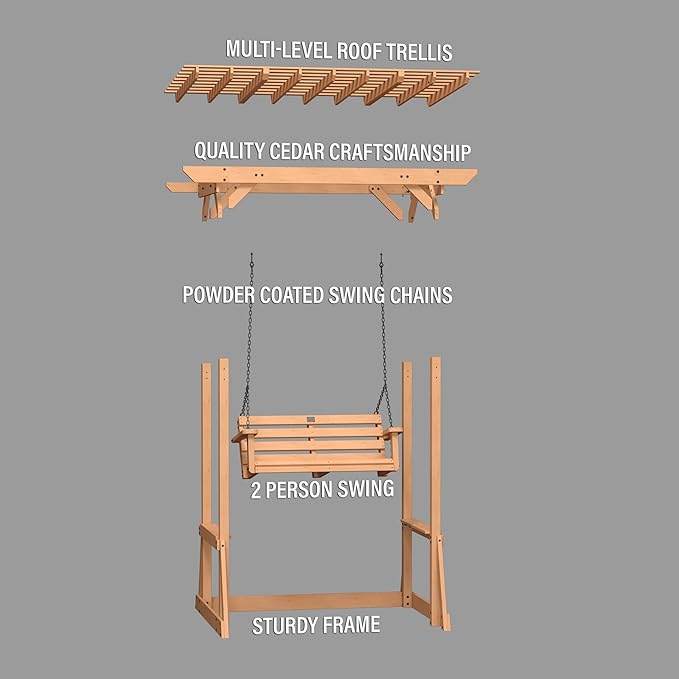 Backyard Discovery Callahan 8' x 5' Cedar Wood Outdoor Patio Pergola Swing Bench with Trellis, Two-Person Seating, Chains, Water Resistance, 600 Lb Weight Capacity for Porch, Patio, Deck, Garden