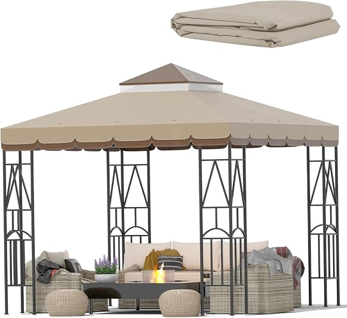 10x10 Canopy Replacement Top Double Tiered Gazebo Cover for Yard, Patio & Garden Durable Sunshade Replacement (Coffee Liqueur+Brown with lace)