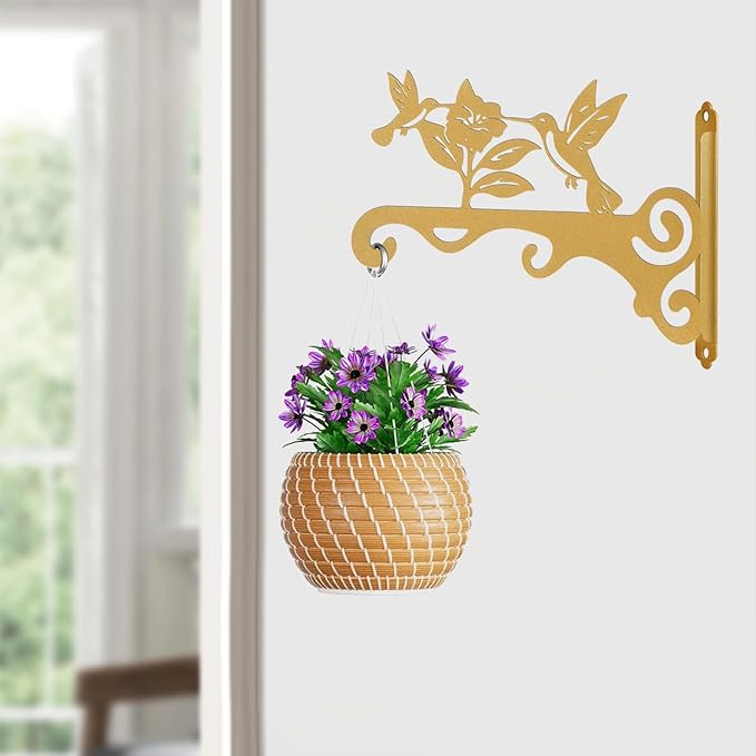 Elegant Bird Pattern Wall Hooks - 10/12/14 Inch Metal Plant Hangers for Indoor & Outdoor - Rust-Resistant Bracket for Plants, Feeders, Chimes, Lanterns (2, Gold, 10 inch)
