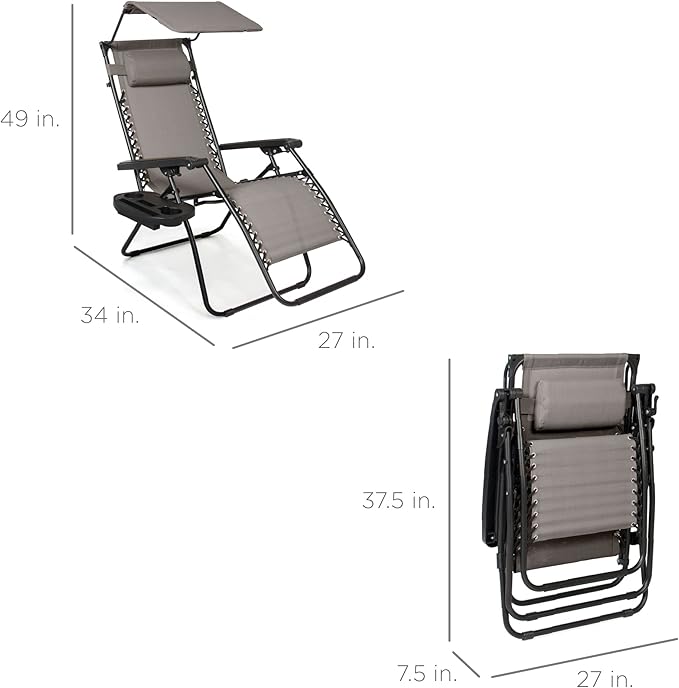 Best Choice Products Folding Zero Gravity Outdoor Recliner Patio Lounge Chair w/Adjustable Canopy Shade, Headrest, Side Accessory Tray, Textilene Mesh - Ice Gray
