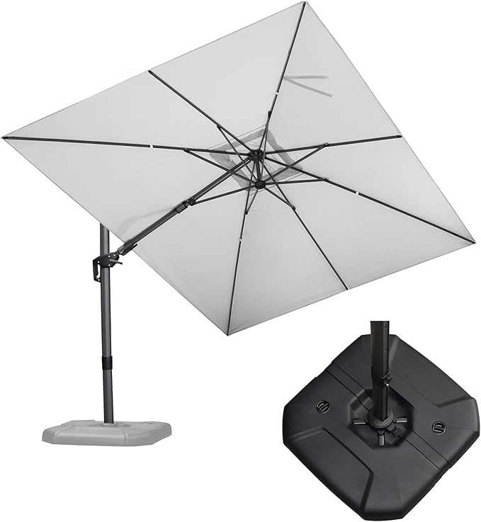 PURPLE LEAF 9' X 12' Right-left Tilt Patio Umbrella with Base Outdoor Cantilever Swivel Rectangle Umbrella Aluminum Offset Umbrella with 360-degree Rotation for Garden Deck Pool Patio White