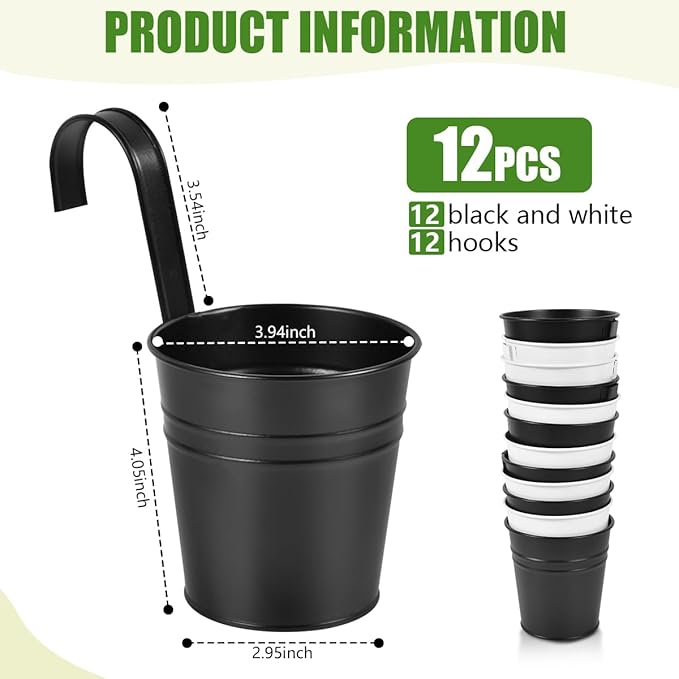 OBTANIM 12 Pack Metal Hanging Flower Pots Railing Planter Outdoor Fence Hanging Bucket Plant Holder with Detachable Hooks Drain Holes for Home Garden Yard Decor (Black and White, 4 x 4 Inch)