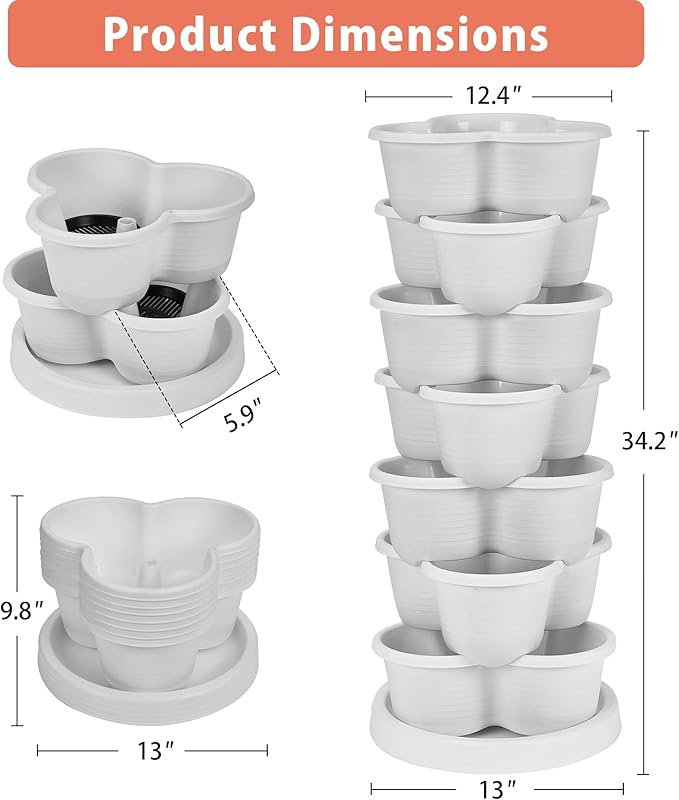 VECELO 7 Tier Vertical Garden Planter, Self Watering Stackable Planters with Wheels for Strawberries, Herbs, Flowers, Vegetables, White