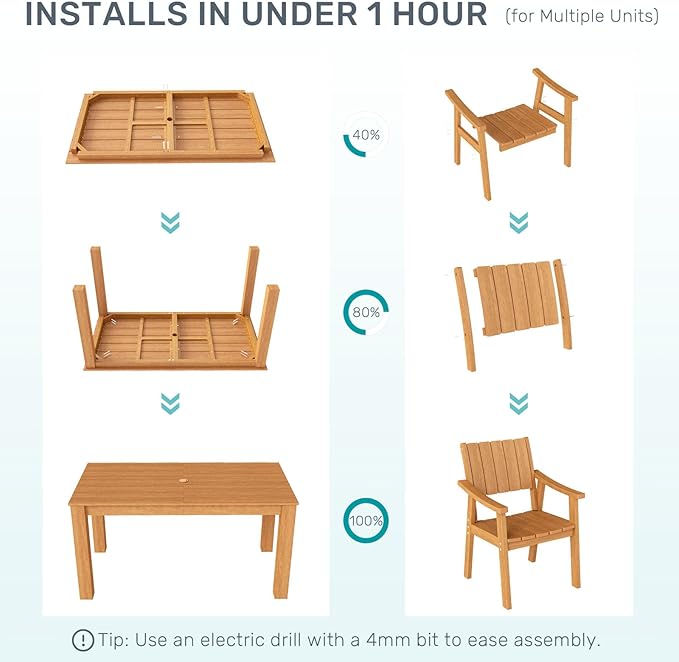 ZHUSI Patio Table and Chairs Set, Outdoor Table and Chairs,HDPE Outdoor Dining Set with Umbrella Hole for Backyard, Poolside, Porch 4 Armchairs