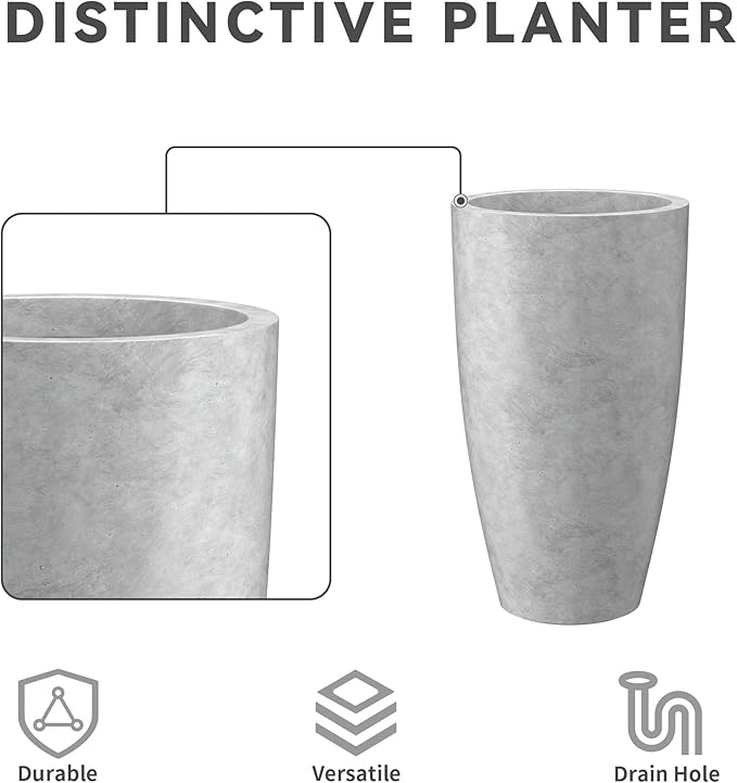 Kante 23.6" H Natural Concrete Finish Concrete Tall Planters Large Outdoor Indoor Decorative Plant Pots with Drainage Hole and Rubber Plug, Modern Tapered Style for Home and Garden