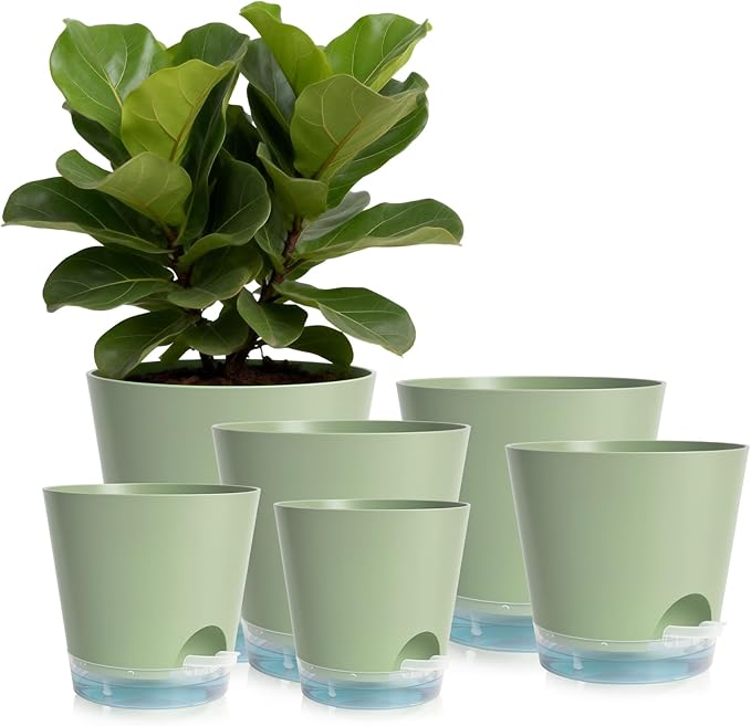 GARDIFE 2026 Upgraded Self Watering Plant Pots with Drainage Hole, 7/6.5/6/5.5/5/4 Inch Flower Planting Containers for House Plants, African Violet, Flowers, Cactus (Green, 7+6.5+6+5.5+5+4 inch)