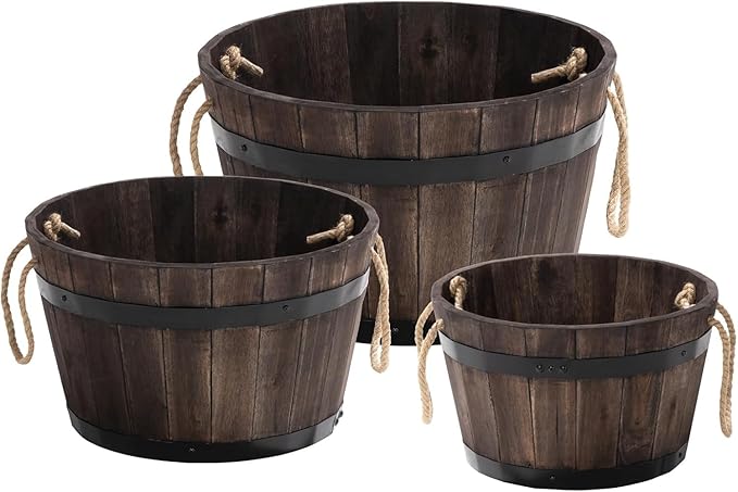 Set of 3 Wooden Flower Boxes Outdoor, Durable Acacia Wood Barrel Planters for Outdoor Plants with Ergonomic Handles, Drainage Holes, Multiple Sizes Wood Bucket Planter for Home Décor