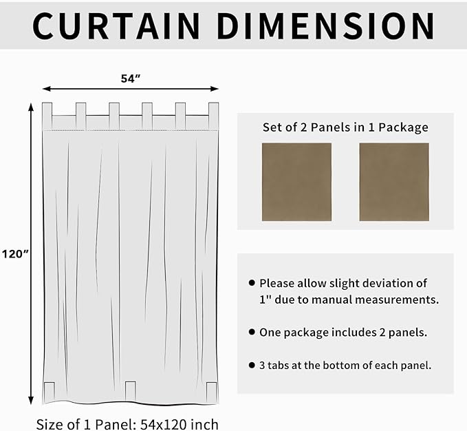 Easy-Going Outdoor Patio Curtains Detachable Tab Top Windproof Weatherproof Curtain for Cabana, Porch, Pergola and Gazebo, Tab Bottom Drape, 2 Panels, 54W x 120L inch, Khaki