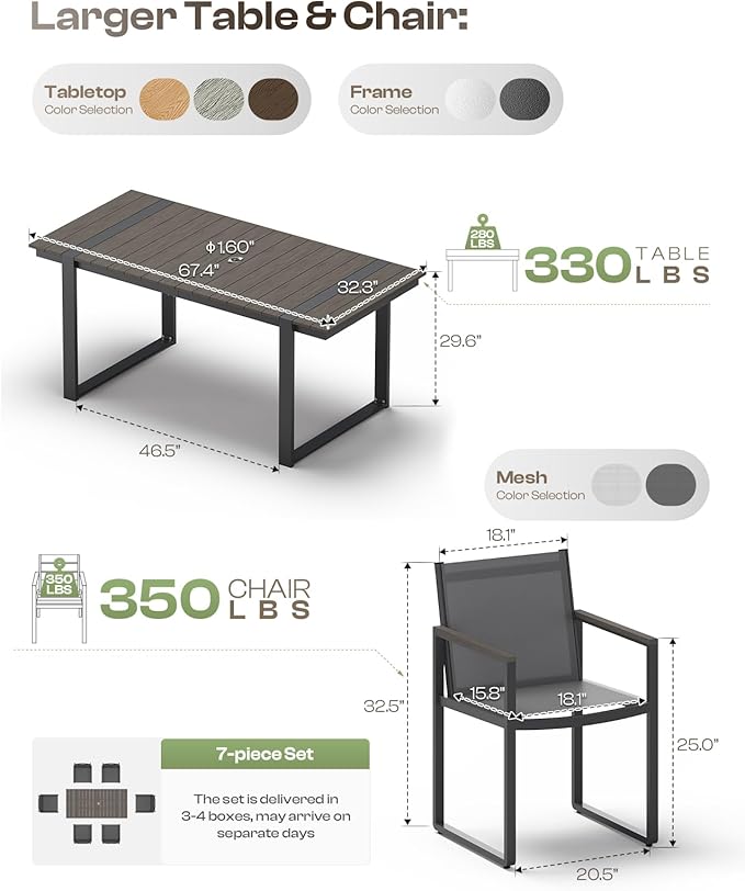 Outdoor Dining Set, HDPS + Aluminum Patio Table and Chairs Set with U-Shaped Base, 7 Piece Outdoor Furniture Set with Umbrella Hole, Patio Dining Table Set for Garden, Backyard (Charcoal)