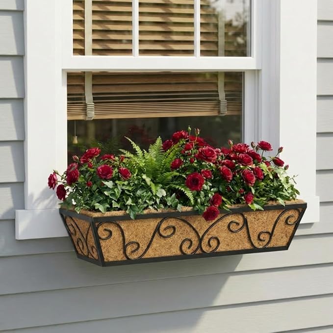 Y&M 24 Inch Window Deck with Coco Liner, Fence Metal Hanging Flower Planter Window Basket Deck Railing Planter Boxes for Outdoor Garden Lawn-Butterfly, 4pcs