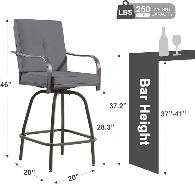 Patio Swivel Bar Stools Set of 4, Outdoor Bar Height Swivel Chairs with Cushions for Garden Balcony Backyard, Grey