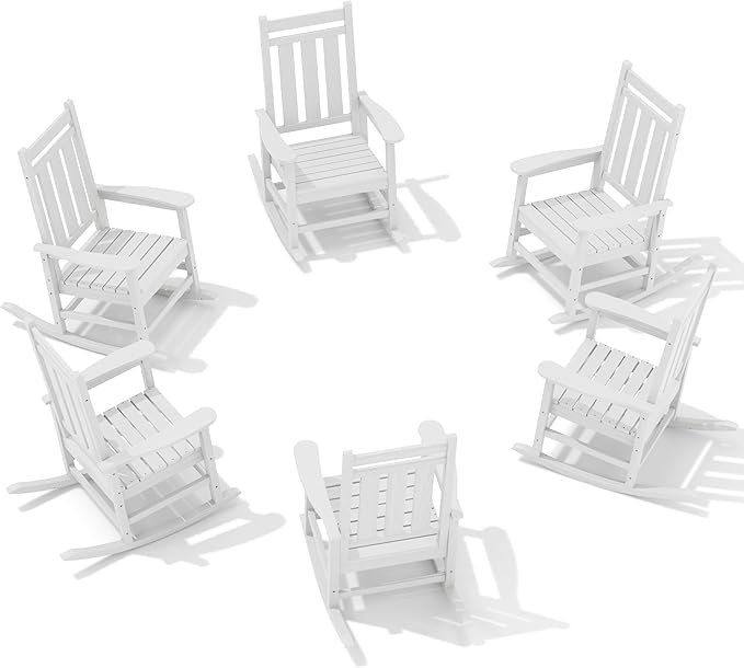 KINGYES Oversized Outdoor Rocking Chair Set of 6, All-Weather Patio Rocking Chairs for Porch, HDPE Outdoor Patio Rockers with High Back & Wide Seat for Garden, Lawn, White