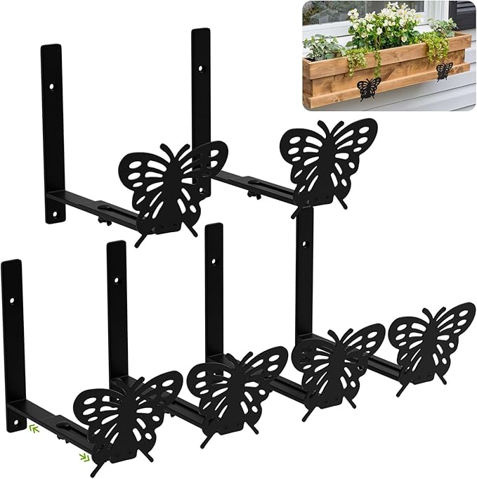 Adjustable Window Box Brackets, 6 to 12 inch Heavy Duty Window Planter Box Brackets, Butterfly Shape Wall Mount Flower Box Holder, 6 Pack