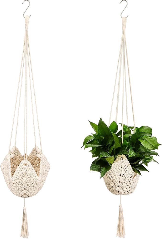 Shappy 2 Pack Jute Crochet Long Plant Hanger for 3 Inch to 12 Inch Pots, Macrame Plant Holder Rope with S Shaped Hooks for Halloween Home Decor (White)