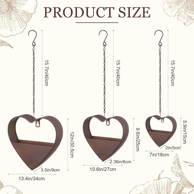 3 Pcs 3 Size Heart Metal Hanging Planter Indoor Outdoor, 13.4" 10.6" 7" Large Metal Plant Hangers Vintage Flower Pot with Hook Chain Drain Hole Gift for Gardener Women Mom Home Decor(Brown)