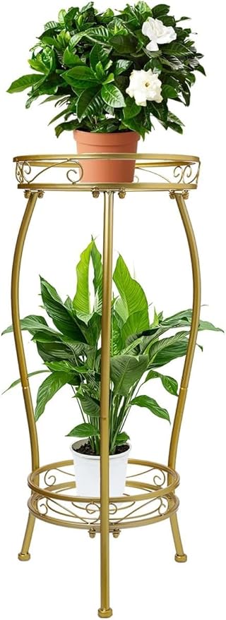 Plant Stand Indoor Outdoor 2 Tier 27'' Tall Metal Potted Rack Flower Pot Stand Heavy Duty Rustproof Iron Multiple Plant Supports for Garden Balcony Patio (Golden)
