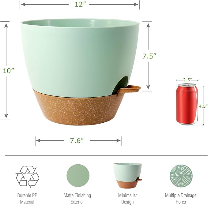 12inch 2Pack Large Self Watering Planters, Plastic Plant Pots with 60oZ Removable Deep Reservoir and Multi Mesh Drainage Holes for Indoor Outdoor Garden Plants and Flowers, Green with Brown