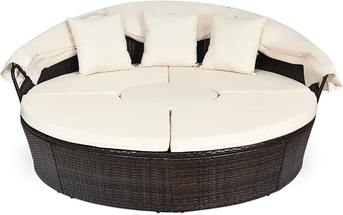 Tangkula Patio Round Daybed with Retractable Canopy, Outdoor Wicker Rattan Furniture Sets, Sectional Cushioned Sofa Set w/Height Adjustable Coffee Table, Rattan Conversation Sets (Beige)