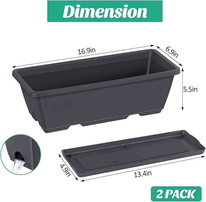 CADUKE Railing Planter Boxes 2 Pack Railing Flower Box with Adjustable Bracket 17 Inch Window Boxes Rectangle Window Deck Hanging Planters Boxes for Outdoor Patio, Gray