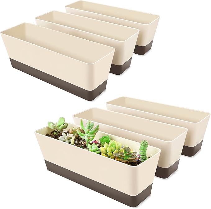 GREANER 6 Pack Window Box Planter,12x3.8 Inch Rectangle Herb Planter with Saucer, Modern Indoor Small Succulent Cactus Plastic Plant Pot for Windowsill, Garden Balcony, Home Office Outdoor Decoration