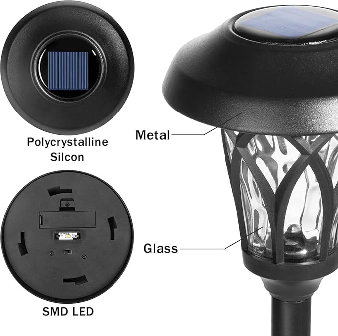 GIGALUMI 6 Pack Solar Pathway Lights Outdoor, Metal Glass & ABS Solar Landscape Lights Waterproof IP65, Warm White Solar Powered Garden Lights for Yard Patio Walkway Driveway (Black)