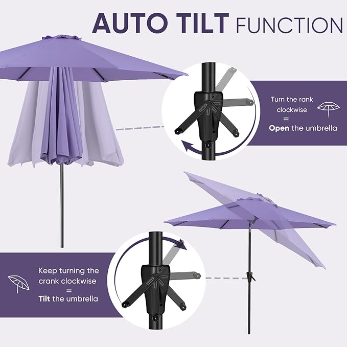 Tempera Patio Market Outdoor Table Umbrella with Auto Tilt and Crank, Large Sun Umbrella with Sturdy Pole & Fade Resistant Canopy, Easy to Set