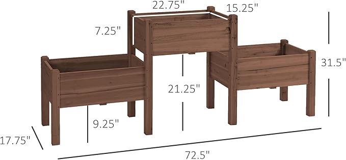 Outsunny Raised Garden Bed with 3 Planter Box, Elevated Wooden Plant Stand with Drainage Holes, for Vegetables, Herb and Flowers, Coffee