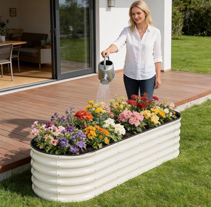 Galvanized Raised Garden Bed - 6×2×1.4ft Planter Raised Beds for Gardening | Oval Metal Garden Planter Box with Safety Edging and Gloves for Vegetables Fruits and Flower White