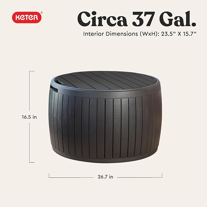 Keter Circa 37 Gallon Deck Box Organizer, Works as Ottoman Chair or Side Table, Brown – Large Resin Round Outdoor Storage and Seating for Garden, Pool, and Patio