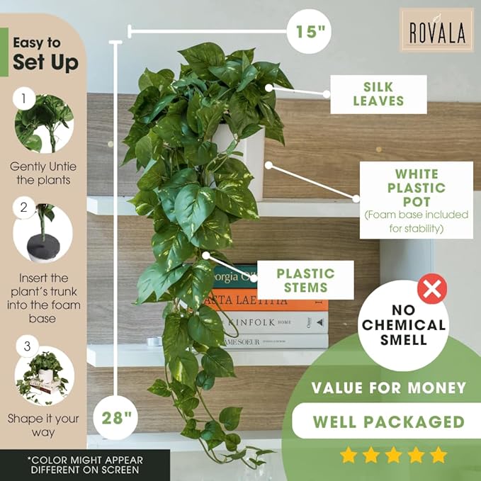 MY ROVALA Silk Plants for Home Decor Indoor in Pot Realistic Artificial Plants Hanging Faux Plants Indoor Fake Potted Plants for Shelves Bedroom Bathroom Trailing Plant, Fake Pothos Ivy (Dark Green)