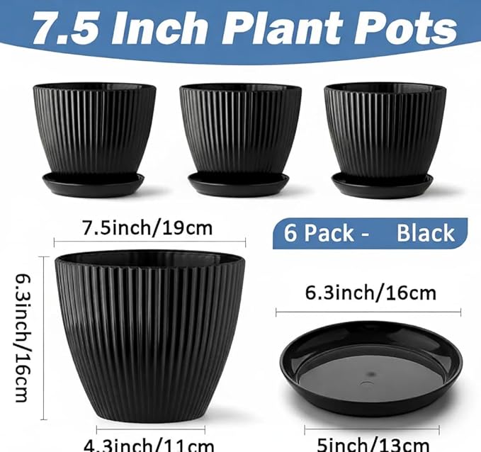 7.5 Inch Black Thickened Plastic Plant Pots with Saucers, 6-Pack Modern Seedling Planters for Indoor Outdoor Plants, Durable Heavy-Duty PP Material for Herbs Flowers Vegetables (＜8 inch)
