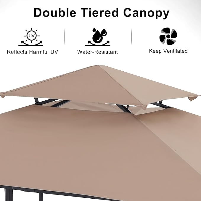 ABCCANOPY Grill Gazebo with 2 Side Awnings - 14x5 Outdoor BBQ Canopy Shelter with 2 Led Lights for Patio Backyard Grilling (Khaki)
