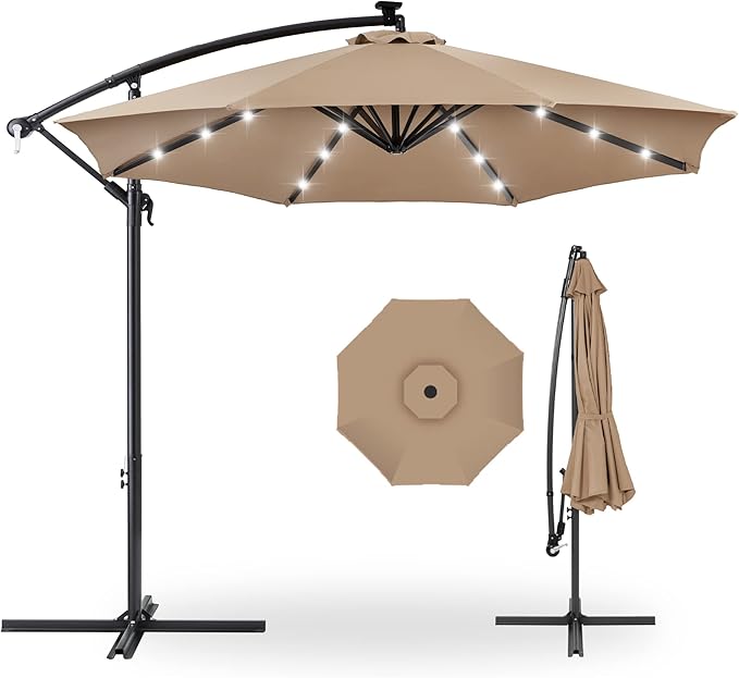 Best Choice Products 10ft Solar LED Offset Cantilever Hanging Market Patio Umbrella, 8 Sturdy Ribs, Easy Adjustment - Tan