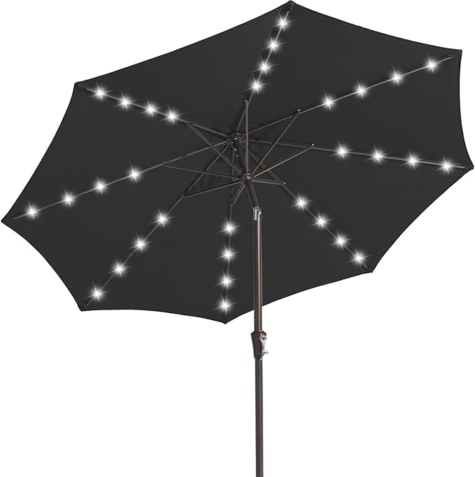 JEAREY 9FT Outdoor Patio Umbrella with Solar Lights, LED Lighted Pool Umbrella with Tilt and Crank, Outdoor Table Umbrellas for Deck, Yard & Market (Jet Black)