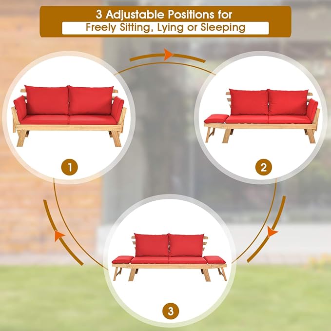 Tangkula Convertible Acacia Wood Patio Couch Sofa Bed with Adjustable Armrest, Outdoor Daybed with Cushion & Pillows, Outside Folding Futon Sofa Couch Bench for Porch, Courtyard, Poolside & Garden