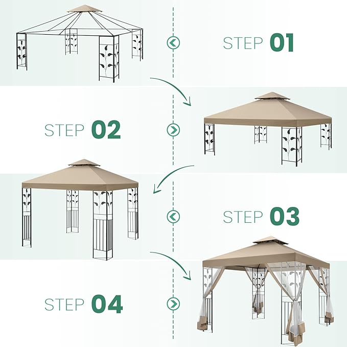 COBIZI Gazebo 10x13 Heavy Duty Gazebos with Improved Nettings Outdoor Gazebo Double Roof Patio Gazebos with Metal Steel Frame Outdoor Canopy for Patio, Deck, Backyard (Khaki)