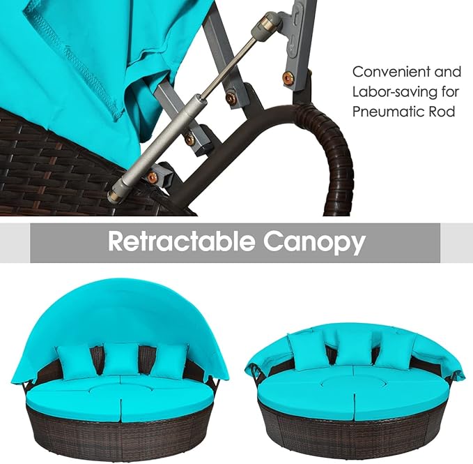 Tangkula Patio Round Daybed with Retractable Canopy, Outdoor Wicker Rattan Furniture Sets, Sectional Cushioned Sofa Set w/Height Adjustable Coffee Table, Rattan Conversation Sets (Turquoise)