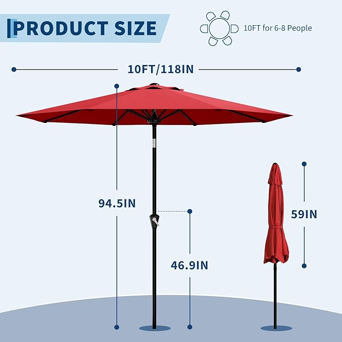 Garvee 10FT Patio Umbrella - Outdoor Table Umbrella with Smooth Crank Lift, Push Button Tilt and 8 Sturdy Ribs - Market Umbrella UV Protection Waterproof for Pool, Deck, Yard, Garden (Red)