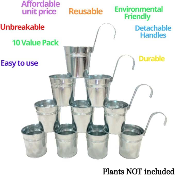 LaLaGreen Fence Planters for Outdoor Plants (10 Pack, 6 Inch) Railing Planter Metal Herb Garden Pots Outdoor, Hanging Silver Flower Buckets for Outside Wall Deck Patio Balcony Rail Farmhouse Rustic