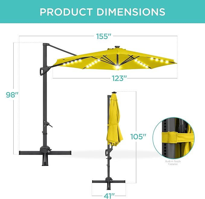 Best Choice Products 10ft Solar LED Cantilever Patio Umbrella, 360-Degree Rotation Hanging Offset Market Outdoor Sun Shade for Backyard, Deck, Poolside w/Lights, Easy Tilt, Cross Base