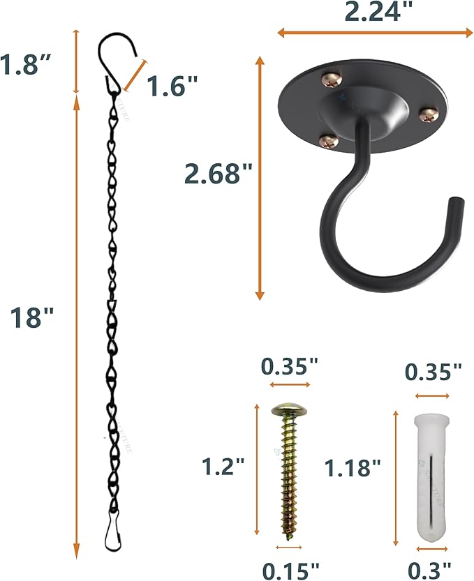NACETURE Ceiling Hooks for Hanging Plants 3 Pack - Plant Hanger Indoor Hanging Hooks Metal Plant Bracket Iron Lanterns Hangers for Wind Chimes (Black 3 Pack + Chain)