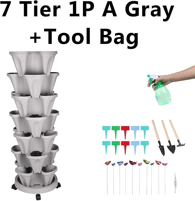 GameXcel Vertical Planter, 7 Tier Stackable Strawberry Planter with Garden Tool Set, Movable Indoor/Outdoor Garden Herb Pot for Growing Vegetables and Succulents, Gray