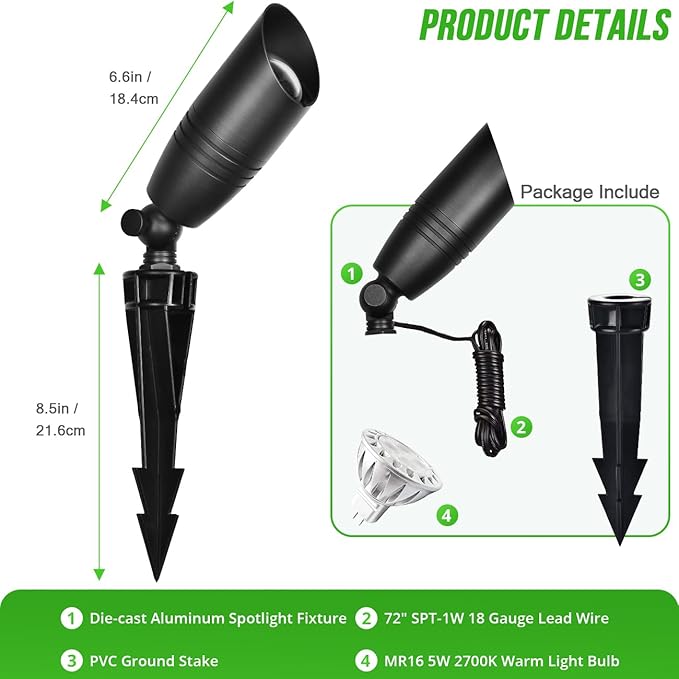 wowlite Landscape Spotlights Outdoor, 12V Low Voltage Landscape Lighting Fixture with 5W MR16 LED Bulb, Black Aluminum Yard Directional Uplights Waterproof for House Trees Patio
