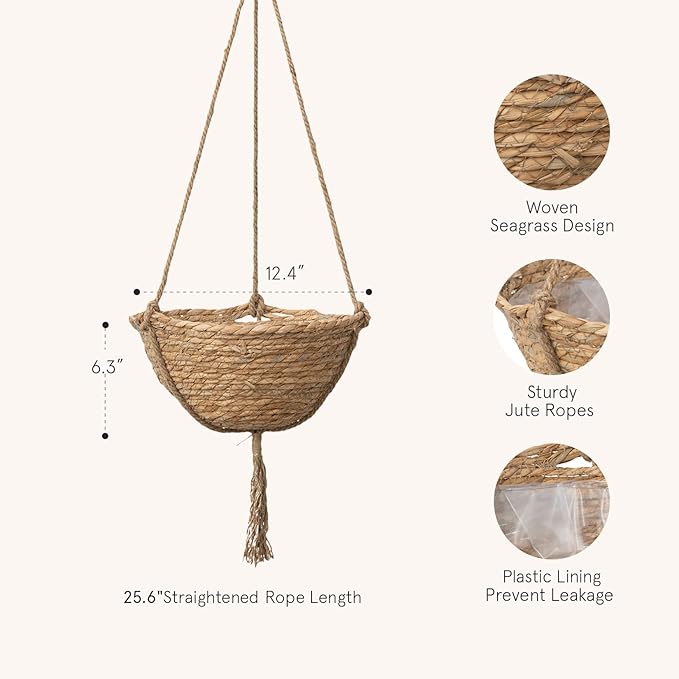 Natural Seagrass Hanging Planter Basket Set, Indoor Plant Pots, Boho Decor Plant Pot Cover, 12.4 (D) 6.3 (H) Inch, Pack 2