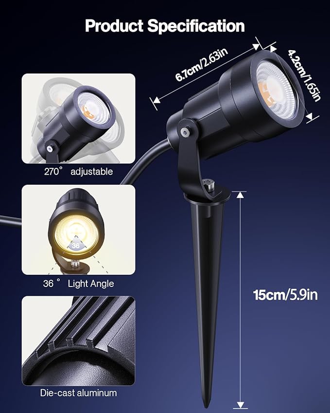 HIBOITEC 5W Low Voltage Landscape Lights, 2900K Warm White Landscape Lighting with Connectors,12-24V AC/DC, Waterproof Landscape Spotlights for Garden Tree Yard Wall, 6 Pack