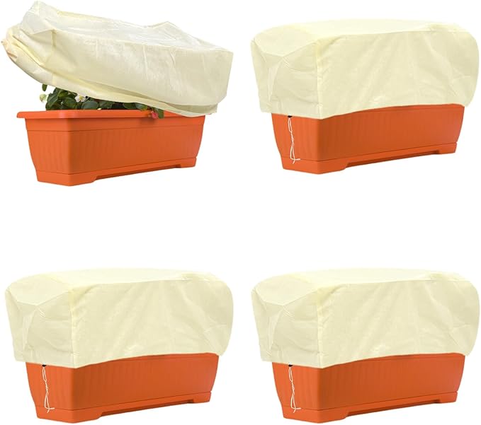 4 Pcs Rectangular Planter Box Cover Freeze Protection, Flower Box Covers Winter Frost Blanket with Drawstring for Outdoor Plants Balcony Windowsill Raised Beds(39.3x17.7x15.7 Inch)