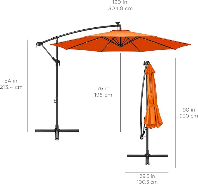 Best Choice Products 10ft Solar LED Offset Cantilever Hanging Market Patio Umbrella, 8 Sturdy Ribs, Easy Adjustment - Orange